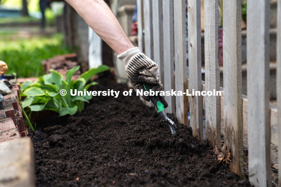 Delta Phi Fraternity volunteers till a soil to create a fairy garden during the Big Event. May 4, 2024. Photo by Kirk Rangel for University Communication.